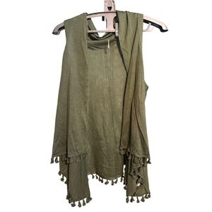 Anna Lane Olive Green Tassel Knit Vest Open Front Draped Sleeveless TVOL/0077 OS